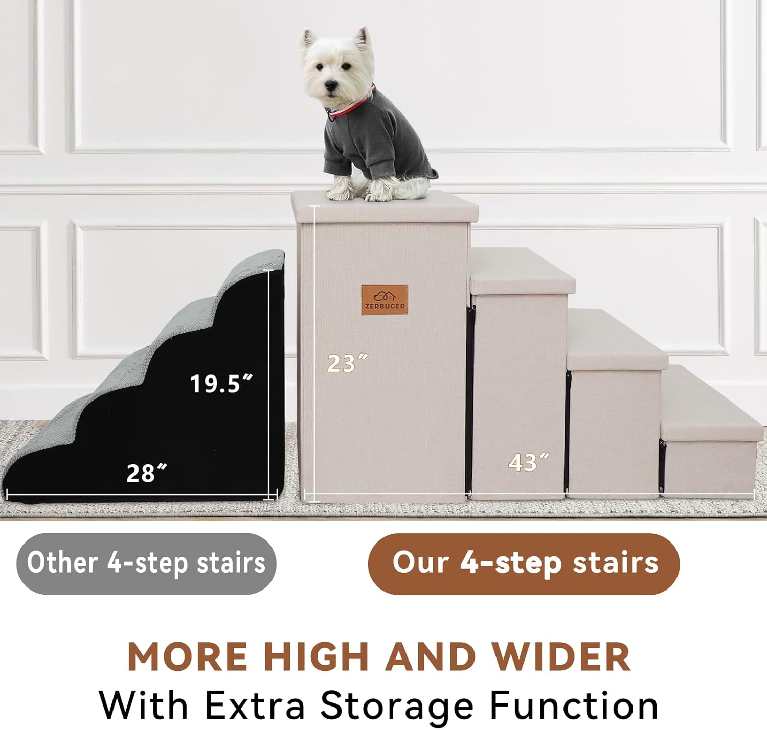 Dog Stairs with Storage 23" H, 4-Step Wider Dog Steps for High Beds Window, Folding Sturdy Pet Stairs Gift for Small/Medium/Large Old Dogs Cat, Ramp for Climbing Car Up to 200 lbs, Beige - Pet Explorer
