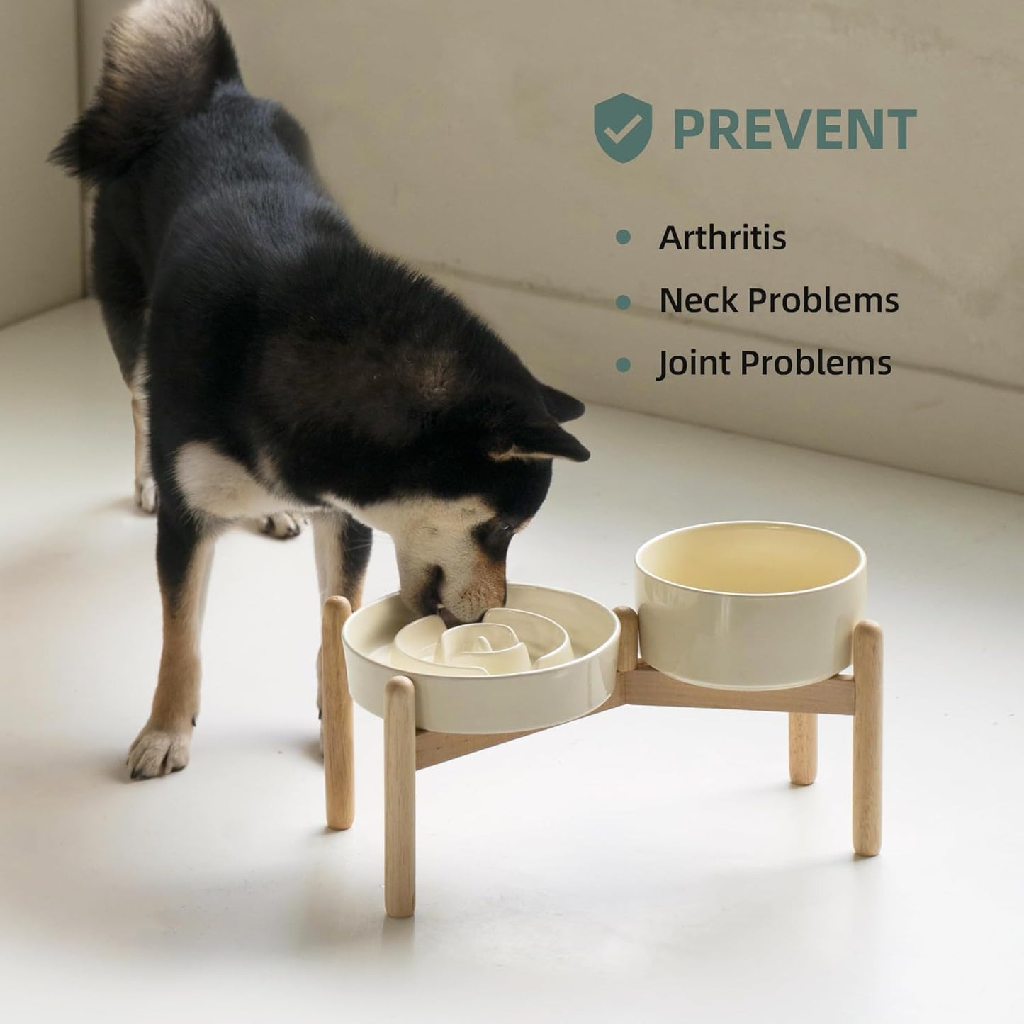 Ceramic Raised Slow Feeder Dog Bowl Set, Elevated 6.1inch Bowl and 7.3inch Puzzle Slow Food Dish with Wooden Stand for Small and Medium Dog, Anti-Gulping (2X Beige+ Stand) - Pet Explorer