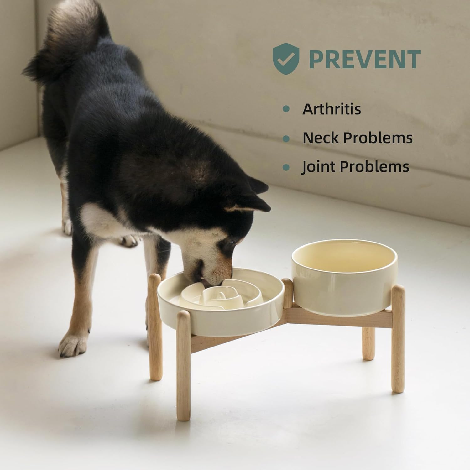 Ceramic Raised Slow Feeder Dog Bowl Set, Elevated 6.1inch Bowl and 7.3inch Puzzle Slow Food Dish with Wooden Stand for Small and Medium Dog, Anti-Gulping (2X Beige+ Stand) - Pet Explorer