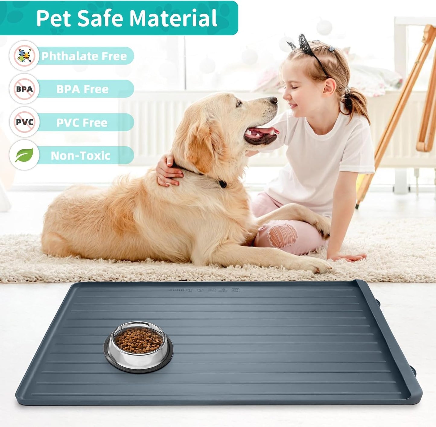 Dog Mat for Food and Water - 39.4" x 27" Large Pet Feeding Mats with Residue Collection Pocket - Waterproof Dog Cat Bowl Mat with High Edges to Prevent Water and Food Spills (Dark Grey) - Pet Explorer