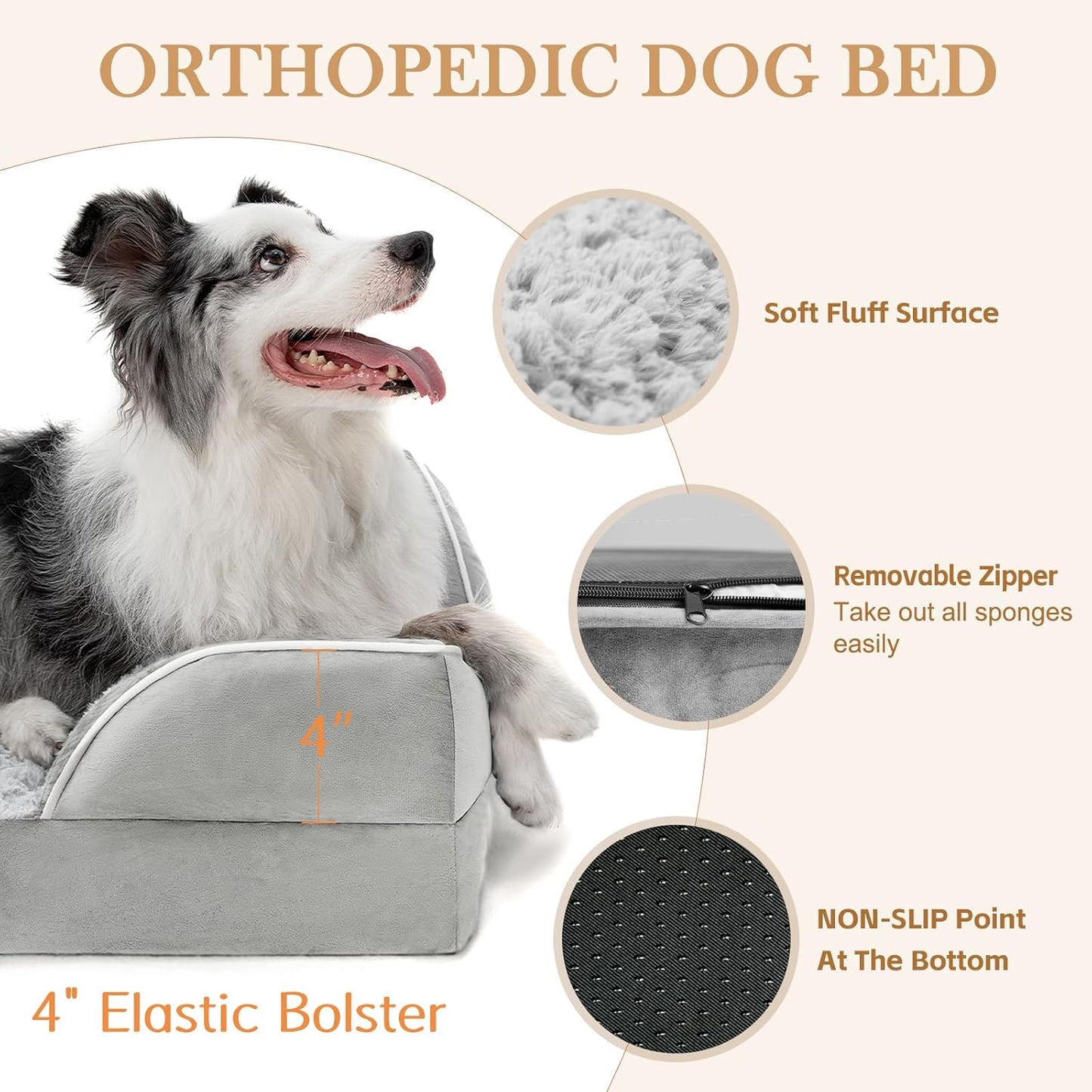Comfort Expression Large Dog Beds Waterproof Orthopedic Foam Dog Sofa Beds Comfy Pet Bed with Washable Removable Cover & Non-Slip Bottom(Large,Grey White) - Pet Explorer