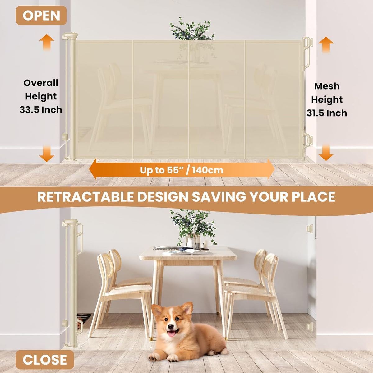 Reinforced Retractable Baby Gate or Mesh Dog Gate,Easy to Use for Stairs, Doorways, Hallways, Indoor, Outdoor, Wide Pet Gate 33.5" Tall, Extends to 55" Wide, Cream