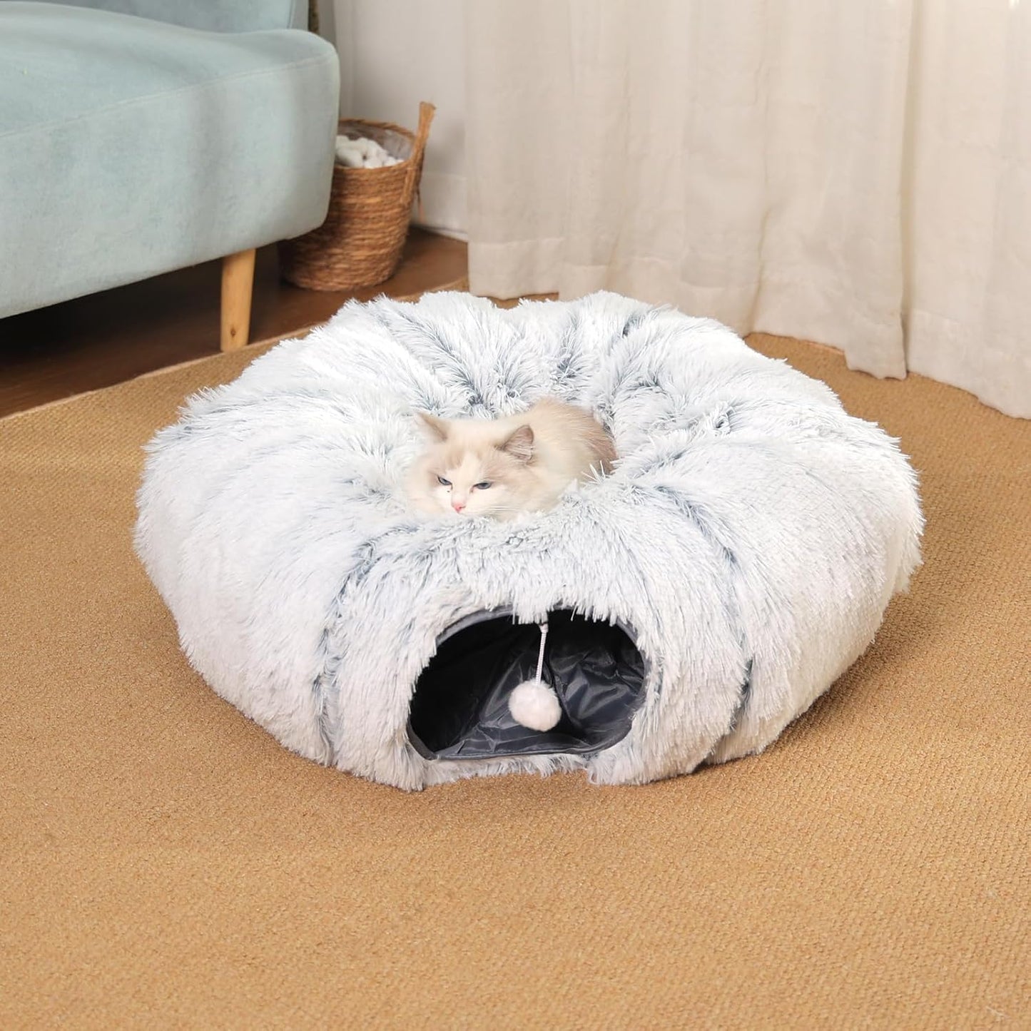 Cat Tunnel with Cat Bed for Indoor Cats, Soft Plush Peekaboo Cat Cave Donut Tunnel, Multifunctional Playground Toys Hideplace for Small Medium Large Kittens, Rabbit, Ferret - Pet Explorer