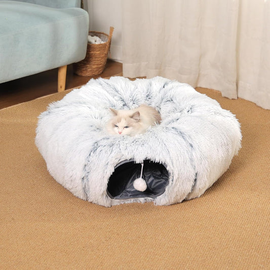 Cat Tunnel with Cat Bed for Indoor Cats, Soft Plush Peekaboo Cat Cave Donut Tunnel, Multifunctional Playground Toys Hideplace for Small Medium Large Kittens, Rabbit, Ferret - Pet Explorer