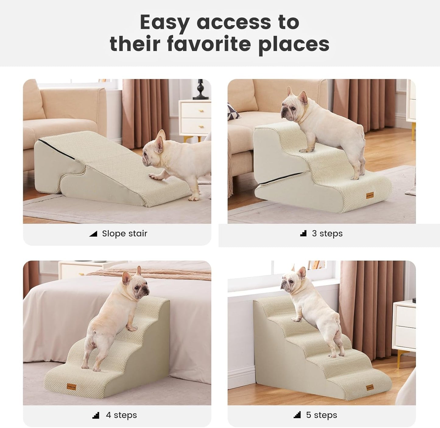 Gardner Pet Dog Stairs for Small Dogs 22.8" H, 5-Step Beige Curved Pet Stairs, Dog Steps for High Bed, Couch (24-30 in) with Durable Non-Slip Waterproof Fabric Cover and CertiPUR-US Certified Foam - Pet Explorer