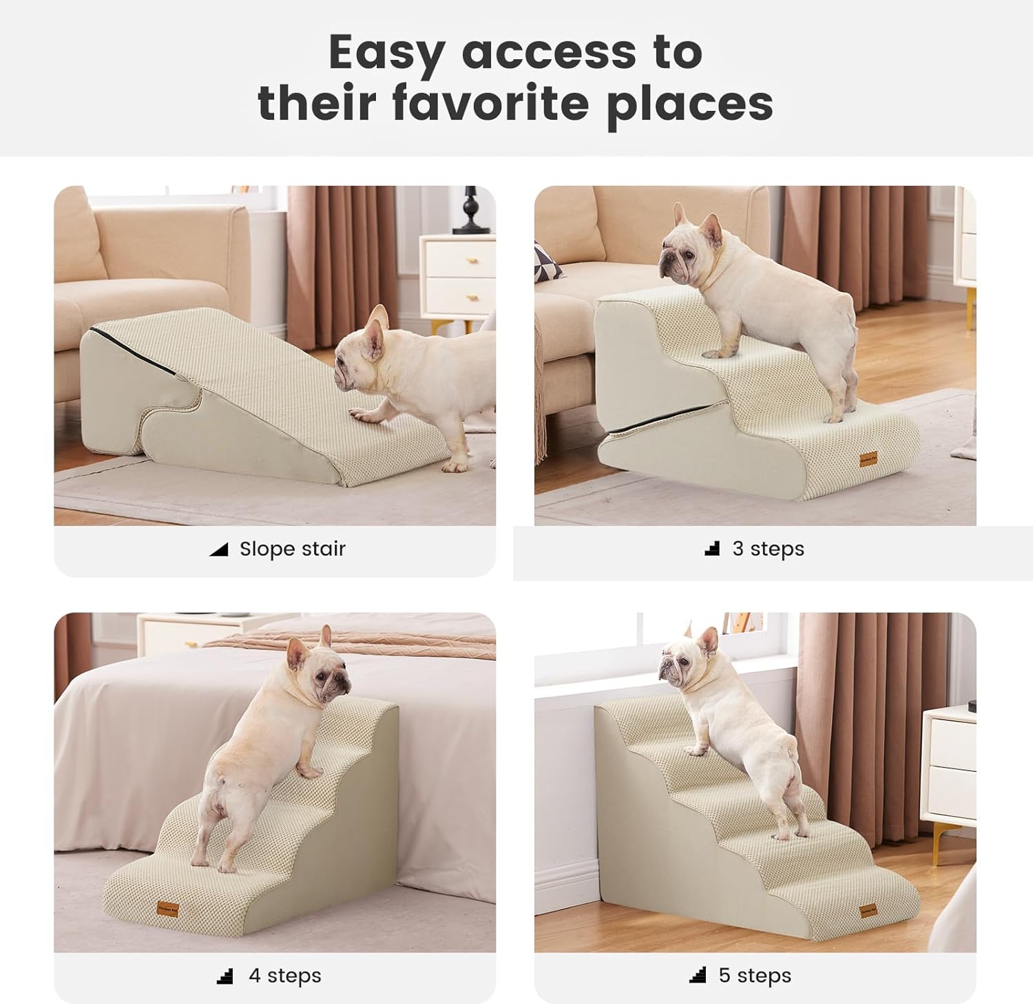 Gardner Pet Dog Stairs for Small Dogs 22.8" H, 5-Step Beige Curved Pet Stairs, Dog Steps for High Bed, Couch (24-30 in) with Durable Non-Slip Waterproof Fabric Cover and CertiPUR-US Certified Foam - Pet Explorer