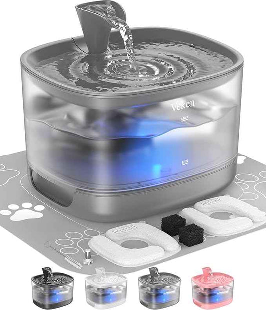 Veken Cat Water Fountain with Detachable Tank, Easy to Clean & Assemble, 84oz/2.5L Pet Drinking Dispenser with Quiet Operation & LED Light, Gifts for Christmas, Cats, Dogs and Small Pets, Grey