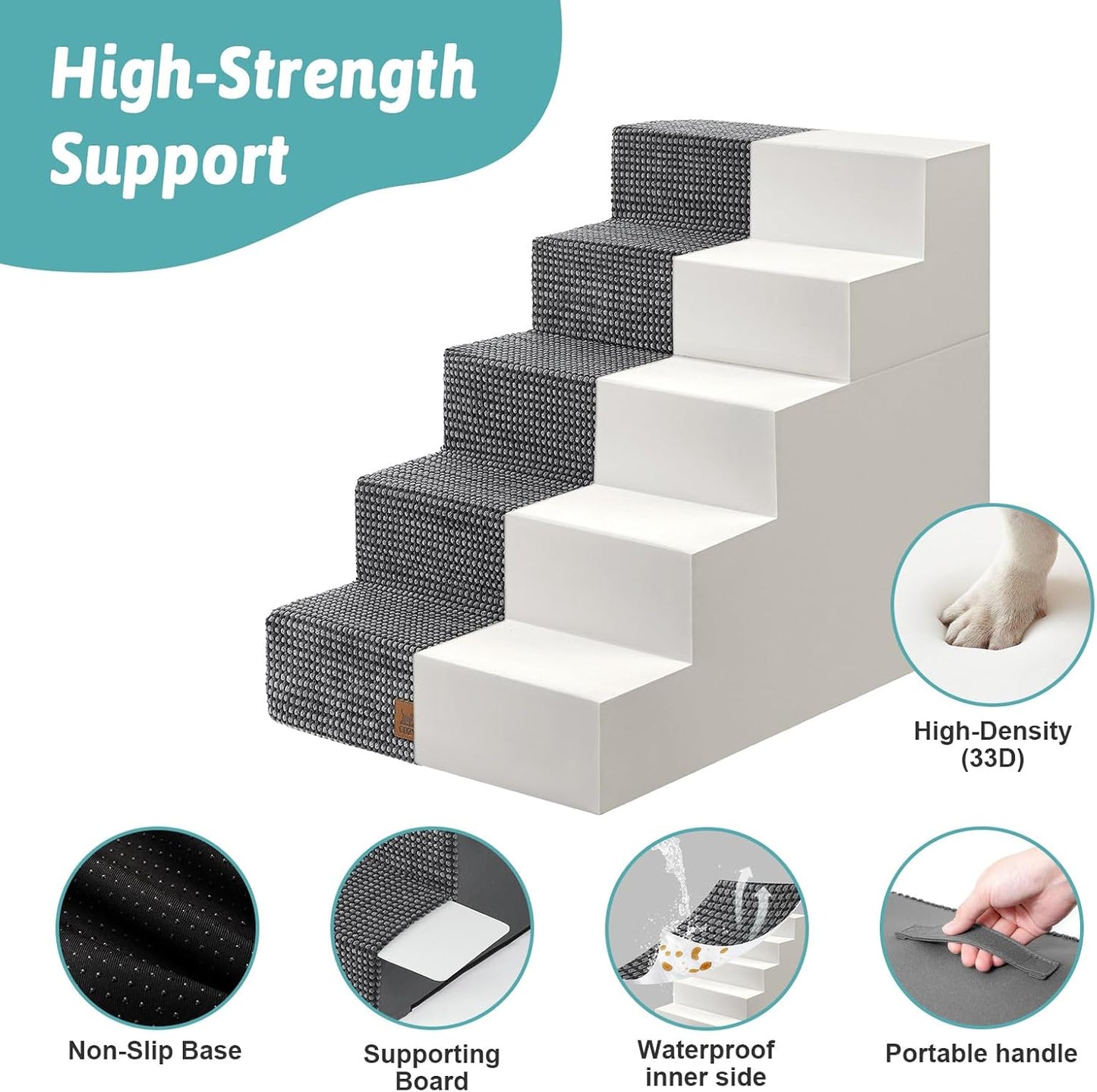 Dog Stairs for Small Dogs, 5 Tier Removable Wider Pet Stairs for Couch and Bed, 23.6" H Non-Slip Dog Steps for Puppies and Old Cats with Support Board, 29.5x19.7x23.6 inch, Dark Grey - Pet Explorer