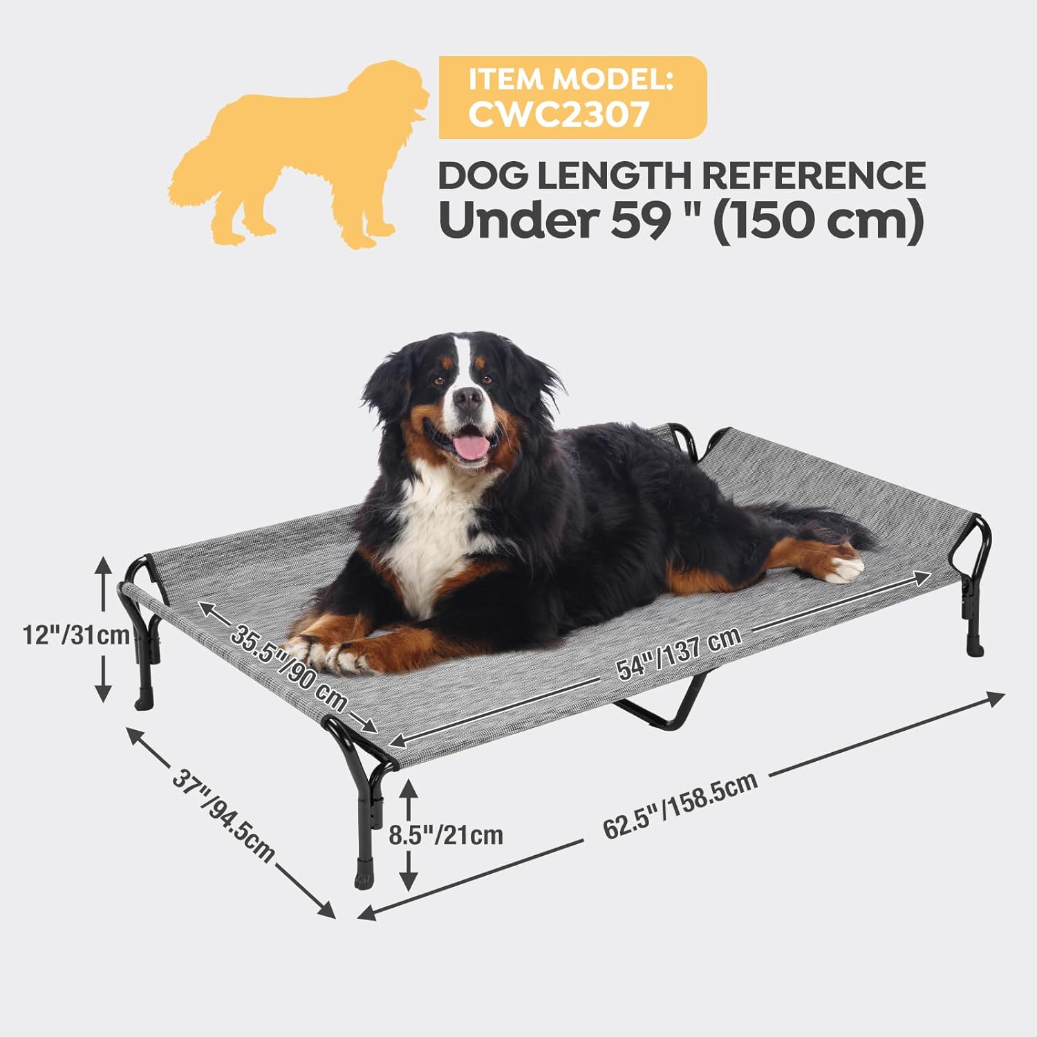 Veehoo Cooling Elevated Dog Bed, Guardrail Raised Pet Cot, Indoor & Outdoor XXL Pet Bed with Washable & Breathable Teslin Mesh, Non-Slip Feet, Dog Couch Bed, 62.5" x 37", Black Silver - Pet Explorer