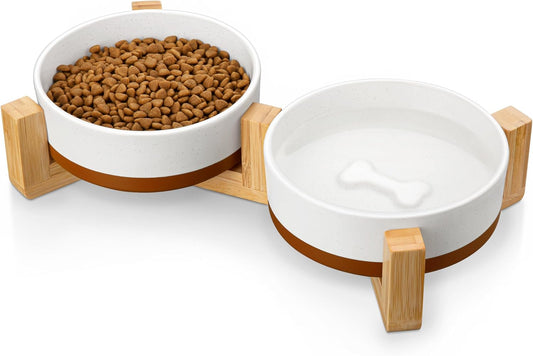 MALACASA Ceramic Dog Bowls, Dog Water/Food Dish with Wood Stand Non-Slip,14oz, Pet Basic Bowls for Your Puppy, Small Dogs or Cats,Glaze Matte Weighted Non-Slip (S-1.5 Cups) - Pet Explorer