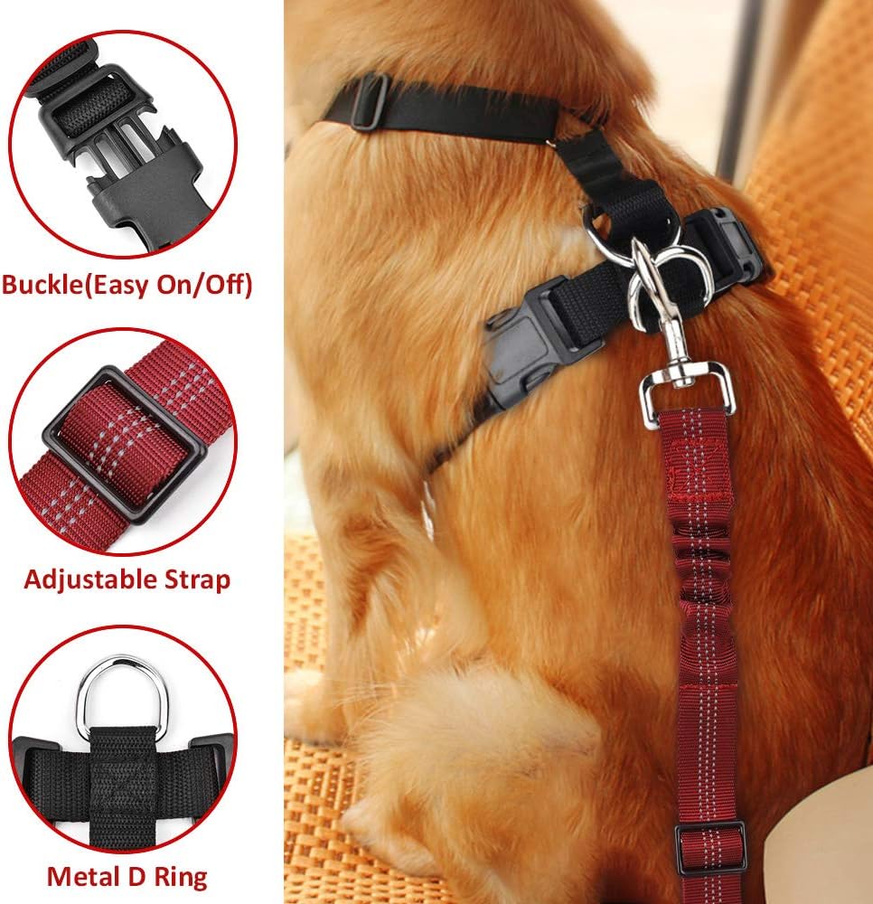 SlowTon Dog Seat Belt Harness for Car, Dog Car Harness Adjustable Mesh Breathable & Dog Seatbelt Safety Tether with Elastic Bungee for Small Medium Large Pets(Red Seatbelt, Single Clip, XXXS) - Pet Explorer