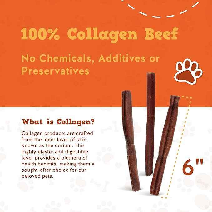 Jack&Pup 6" Beef Collagen Sticks for Dogs - Rawhide Free Dog Chews Long Lasting Collagen Chews for Dogs - Bully Sticks Alternative (4 Pack)