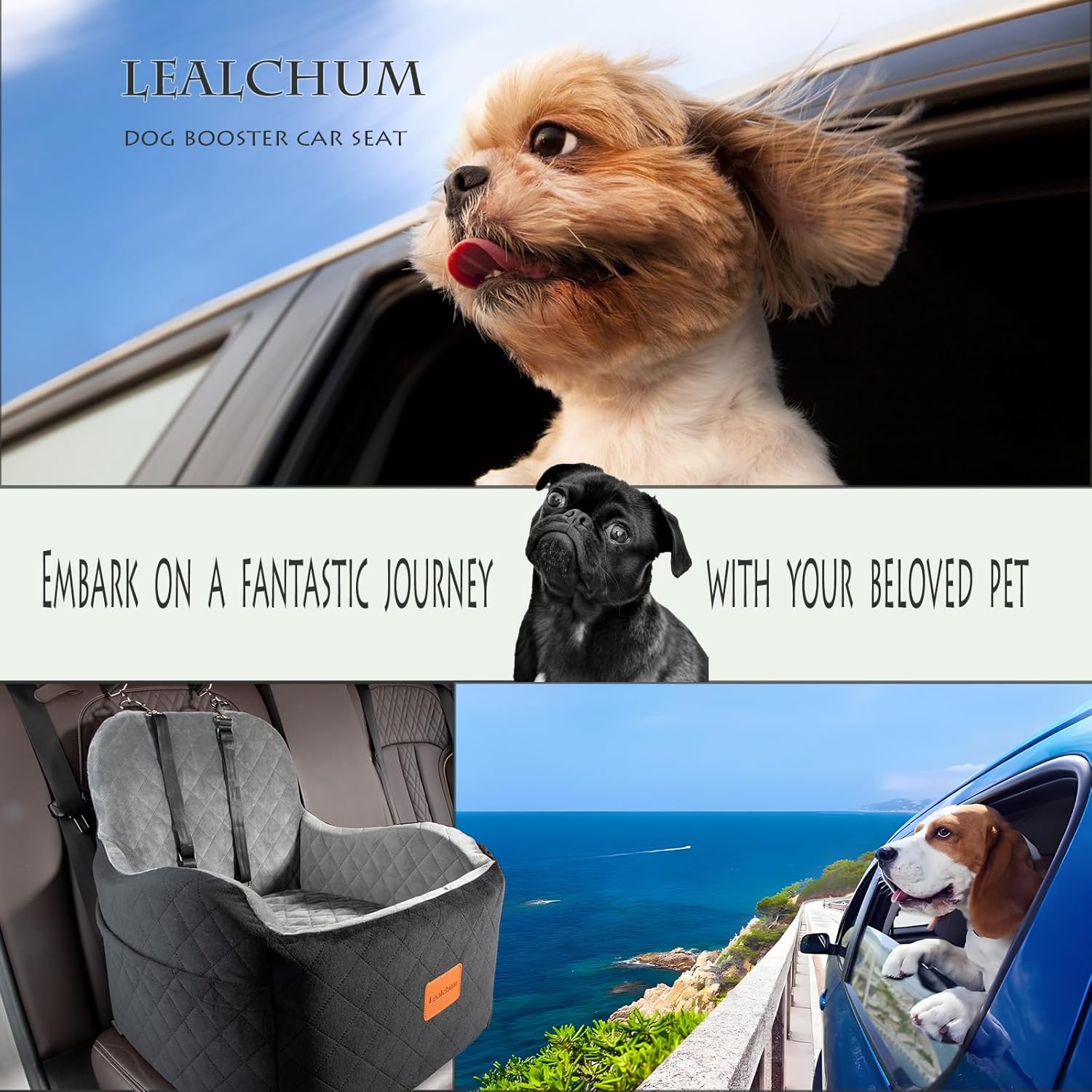 Dog Booster Car Seat for Small/Medium Dogs,6in Memory Foam Elevated Cushion,Fully Detachable and Washable,2 Clip-On Safety Leashes,Anti-Slip Base(Black/Grey,Medium) - Pet Explorer