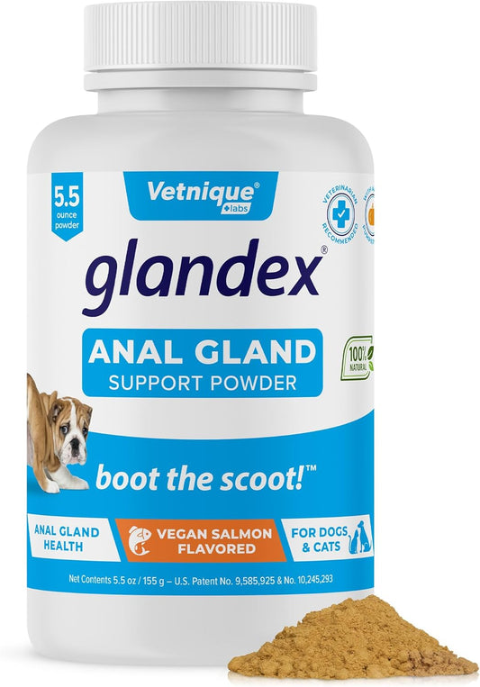Glandex Dog Fiber Supplement Powder for Anal Glands with Pumpkin, Digestive Enzymes & Probiotics - Vet Recommended (Regular or Advanced Strength) - Boot The Scoot (5.5 oz, Vegan Salmon) - Pet Explorer
