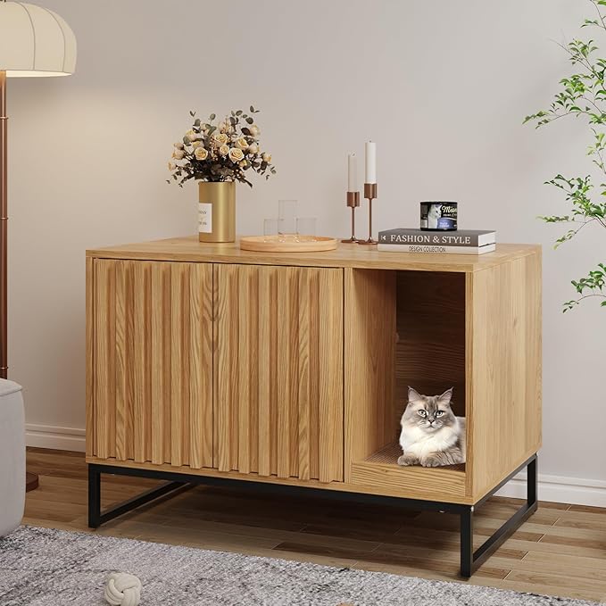 Litter Box Enclosure, Modern Cat Litter Box Enclosure Furniture Hidden Litter Box with Scratch Pad, Cat Washroom House End Table, Entryway Bench for Livingroom (Natural)