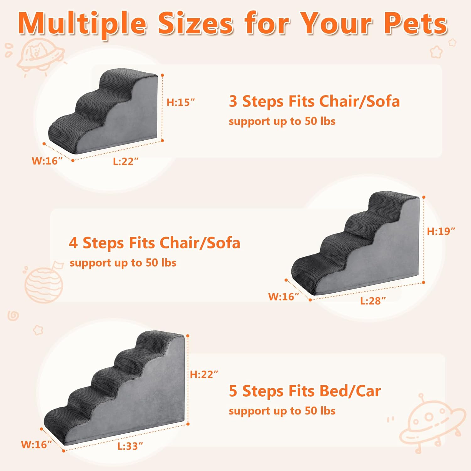 MIHIKK Dog Stairs Ramp, Curved 3-Step Dog Steps for Small Dogs and Cats, Pet Stairs for High Beds and Couch with Anti-Slip Washable Cover and Durable High Density Foam, Dark Grey - Pet Explorer