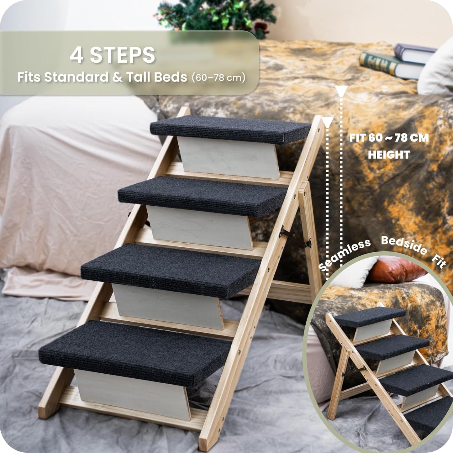 MEWANG Wood Pet Stairs & Ramp for Small/Medium Dogs and Cats, Aging Pets – 3-in-1 Foldable, Portable, Non-Slip Pet Ladder for Tall Beds, Couches,Cars–Holds Up to 220 lbs (31.5" L x 17.2" W x 25.0" H) - Pet Explorer