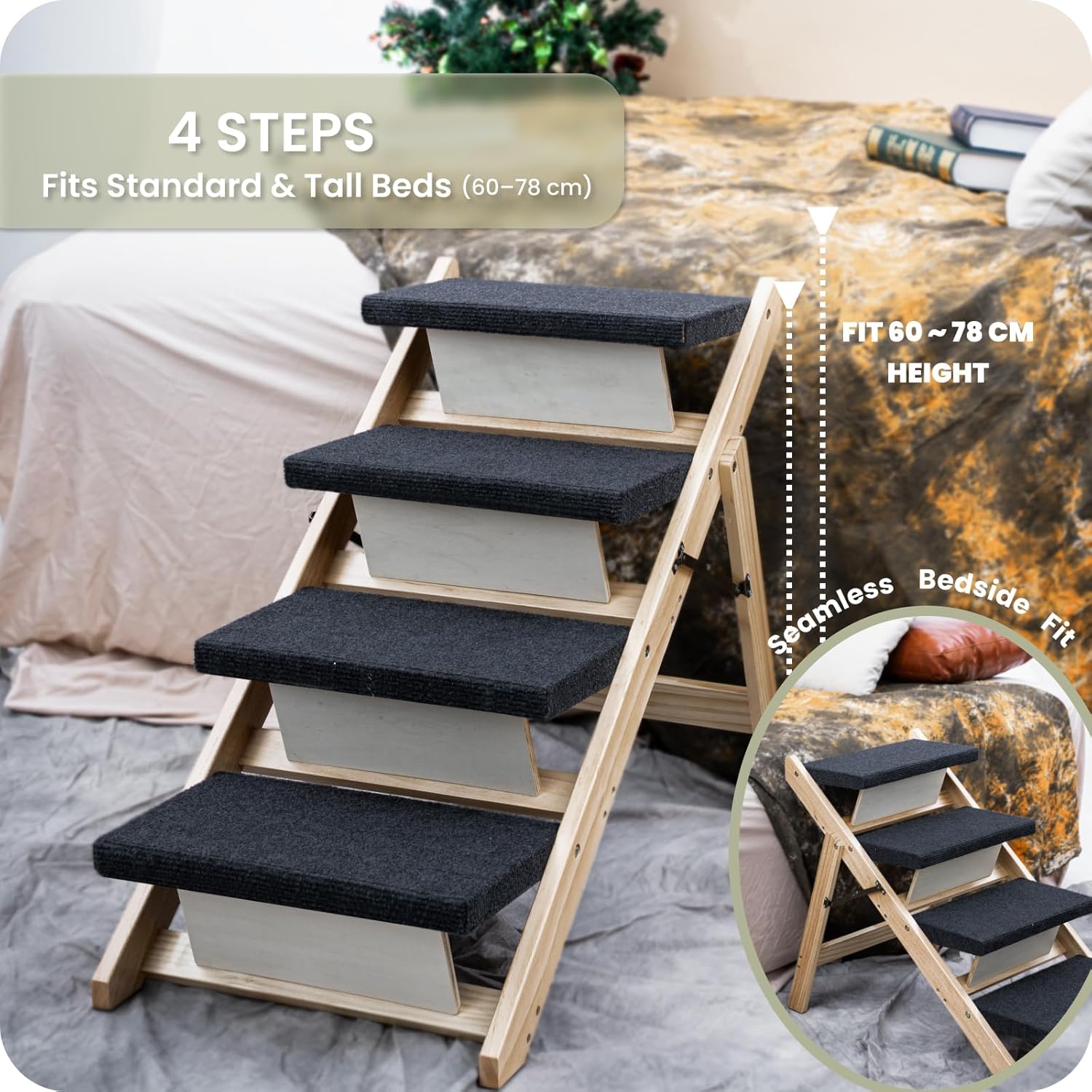 MEWANG Wood Pet Stairs & Ramp for Small/Medium Dogs and Cats, Aging Pets – 3-in-1 Foldable, Portable, Non-Slip Pet Ladder for Tall Beds, Couches,Cars–Holds Up to 220 lbs (31.5" L x 17.2" W x 25.0" H) - Pet Explorer