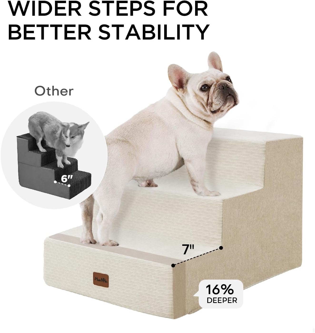 Made4Pets Dog Stairs for Small Dogs, Extra Wide Dog Steps for Bed Couch Sofa and Chair, 35D Foam Pet Steps for Small Dogs and Cats, Non-Slip Bottom Pet Stairs, Beige, 3 Steps - Pet Explorer