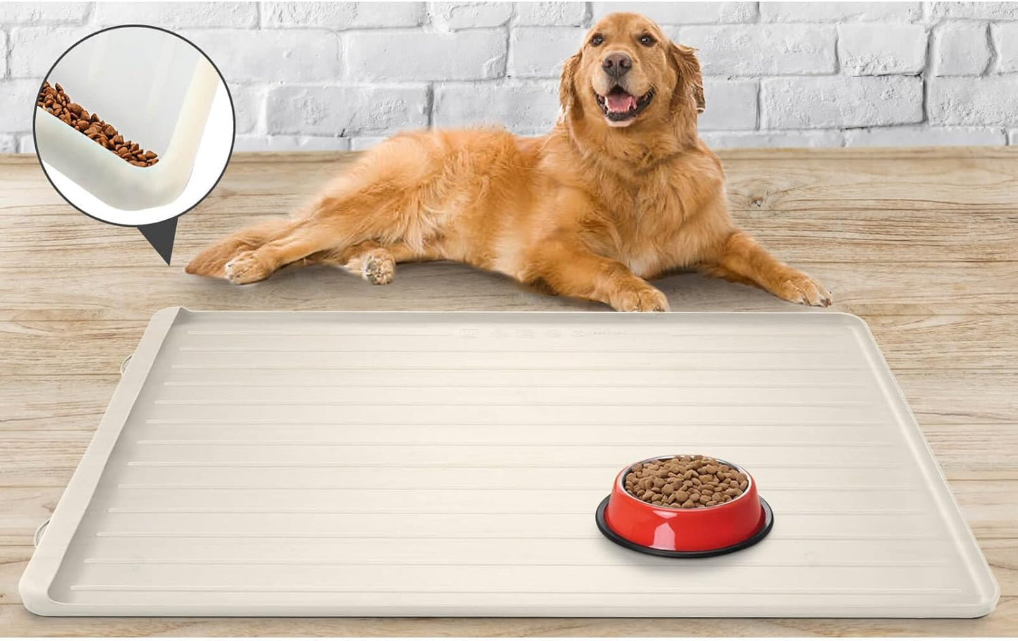 Dog Mat for Food and Water - 39.4" x 27" Large Pet Feeding Mats with Residue Collection Pocket - Waterproof Dog Cat Bowl Mat with High Edges to Prevent Water and Food Spills (Cream) - Pet Explorer