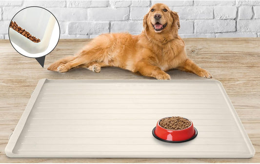 Dog Mat for Food and Water - 39.4" x 27" Large Pet Feeding Mats with Residue Collection Pocket - Waterproof Dog Cat Bowl Mat with High Edges to Prevent Water and Food Spills (Cream) - Pet Explorer
