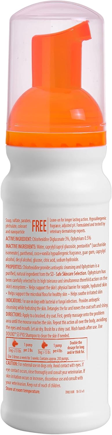 Douxo S3 Pyo Mousse, Contains 3% Chlorhexidine & 0.5% Ophytrium, Antiseptic & Hydrating, for Bacterial or Yeast Skin Infections, for Dogs, 5.1 fl. oz. (150mL) - Pet Explorer