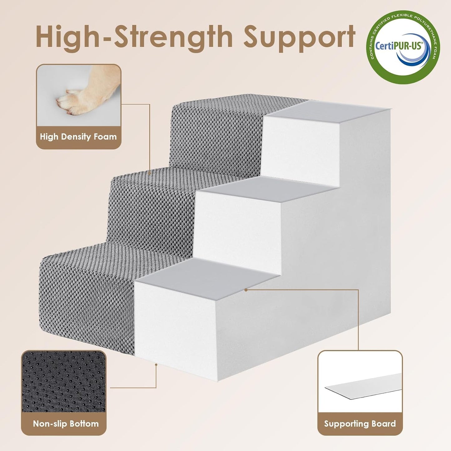 EHEYCIGA Dog Stairs for Small Dogs 16.5" H, 3-Step Extra Wide Dog Steps for Couch Sofa and Chair, Pet Steps for Medium Cats, Non-Slip Balanced Pet Ramp Indoor, Grey - Pet Explorer