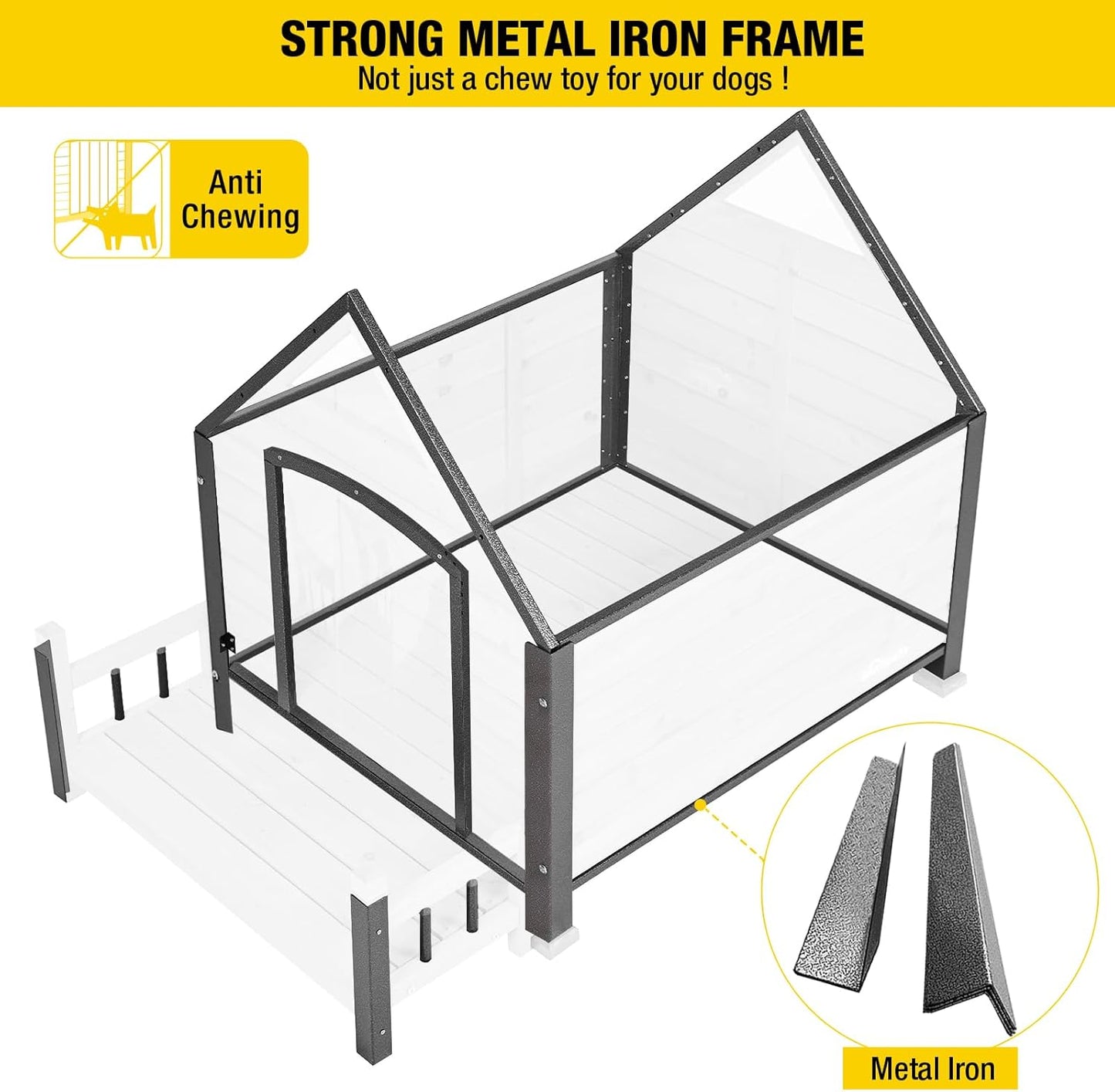 Aivituvin Dog House Outdoor with Metal Frame, Dog Kennel Outside for Small to Medium Breed, 45" Weatherproof Large Dog Shelter with Anti-Chewing Iron Frame, White (45" D x 32.9" W x 32.6" H) - Pet Explorer
