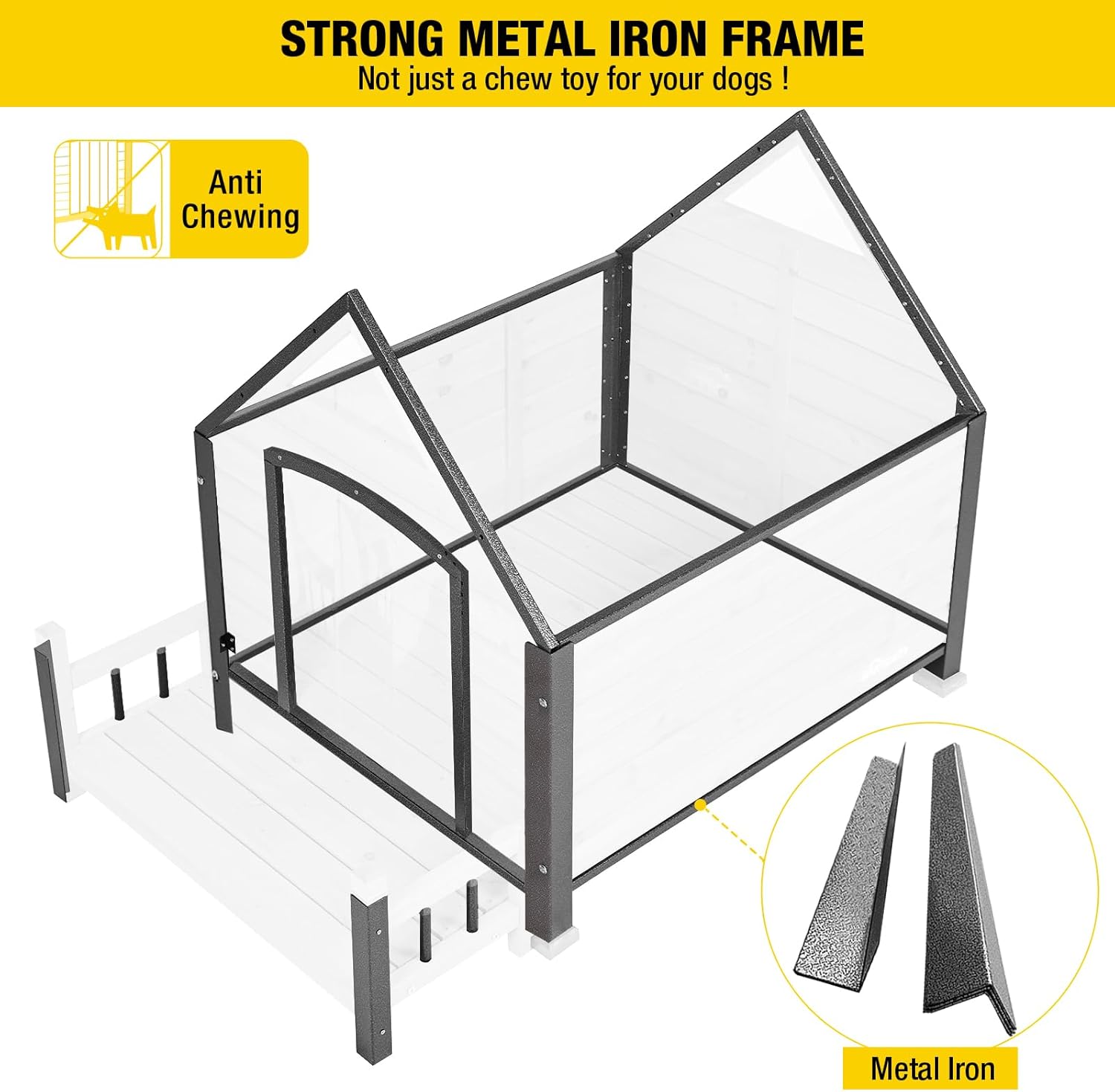 Aivituvin Dog House Outdoor with Metal Frame, Dog Kennel Outside for Small to Medium Breed, 45" Weatherproof Large Dog Shelter with Anti-Chewing Iron Frame, White (45" D x 32.9" W x 32.6" H) - Pet Explorer