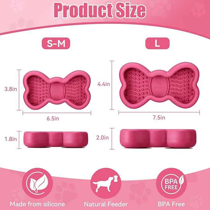 Lick Mat for Dogs, Animire Anti-Spilled Bow Tie Lick Bowls for Anxiety Relief, Silicone Slow Feeder Licking Pad with Suction Cups, Freezeable Dog Enrichment Toy for Boredom and Distraction(Rose,S)