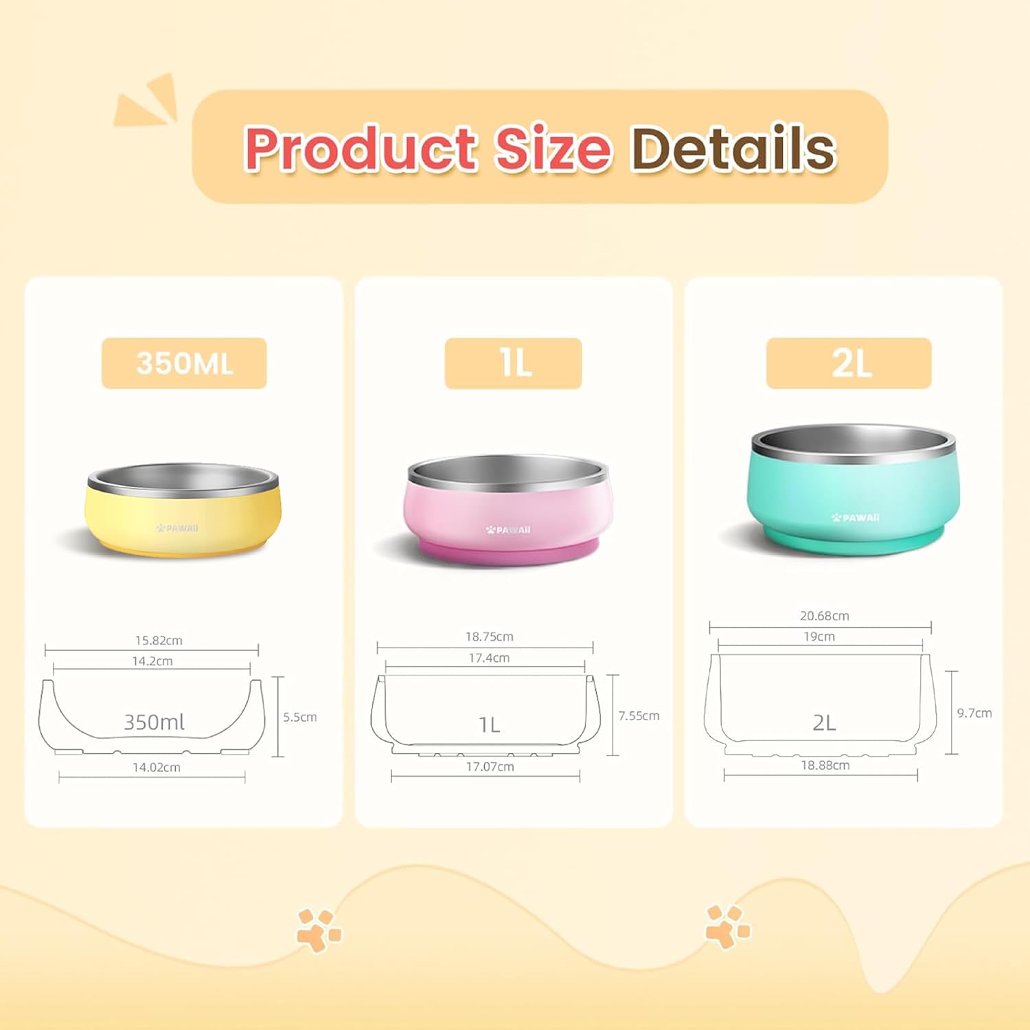 Pawaii Small Dog Bowls, 12 oz. Food Water Bowl Designed for Puppies and Cats with Non-Slip Rubber Base, Upgraded Metal Insulated, Double Stainless Steel Bowls, Cheese Yellow - Pet Explorer