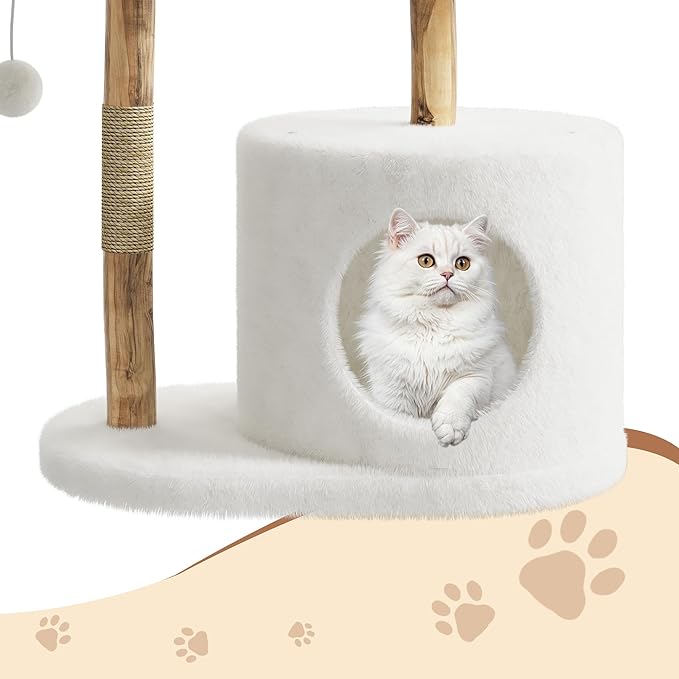 Real Wood Modern Cat Tree Tower, Cat Scratching Post with Bed for Indoor Cats with Natural Wicker Condo, Aesthetic Tree Stand, Boho Luxury Pet Furniture one Platform