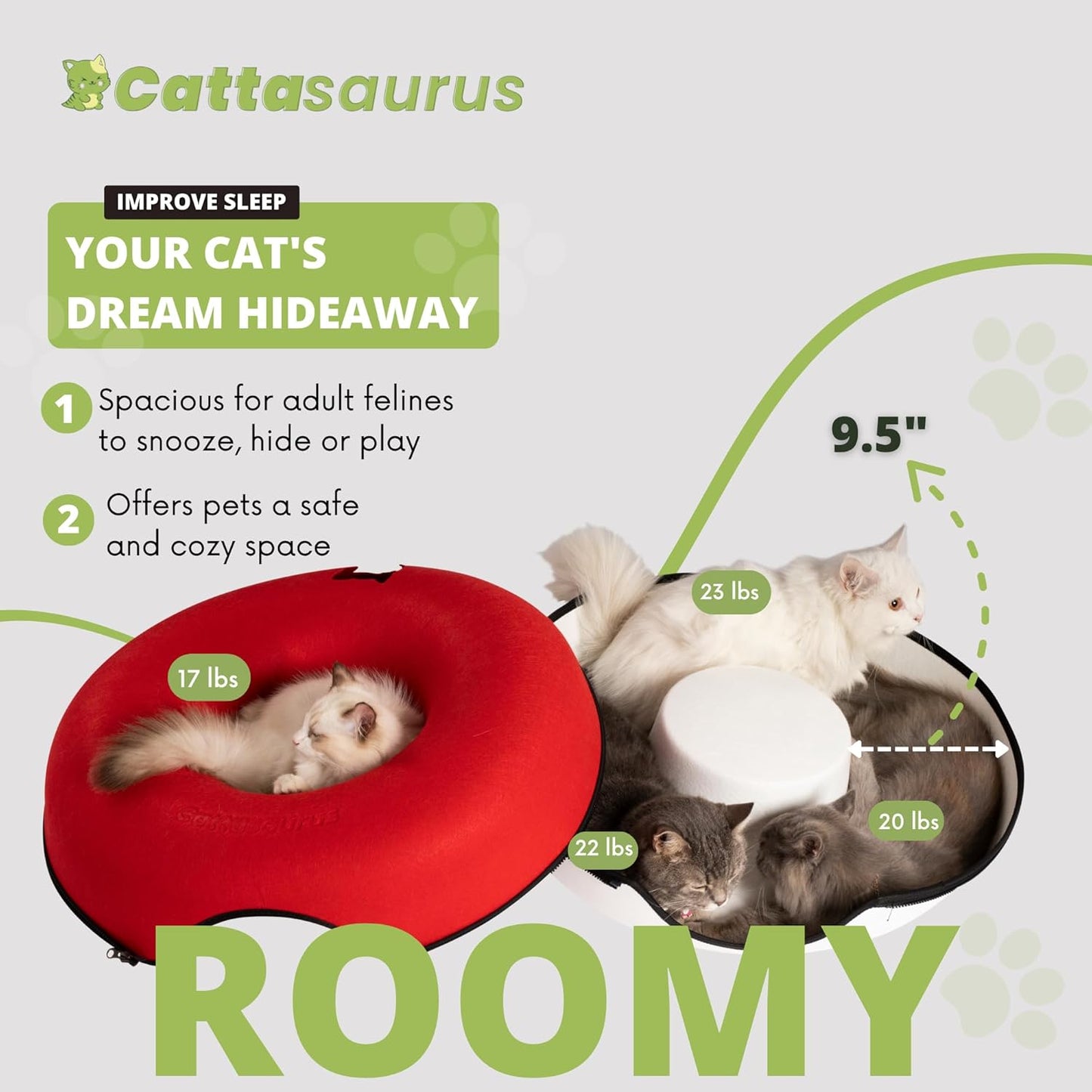 Cattasaurus Peekaboo Cat Cave, Extra Spacious for Multiple & Large Cats 12+ lbs, Scratch Detachable Cat Beds for Indoor Cats, Washable Tunnel Bed, Comfy Cat Donut Tunnel (Ruby Snowball, Jumbo) - Pet Explorer