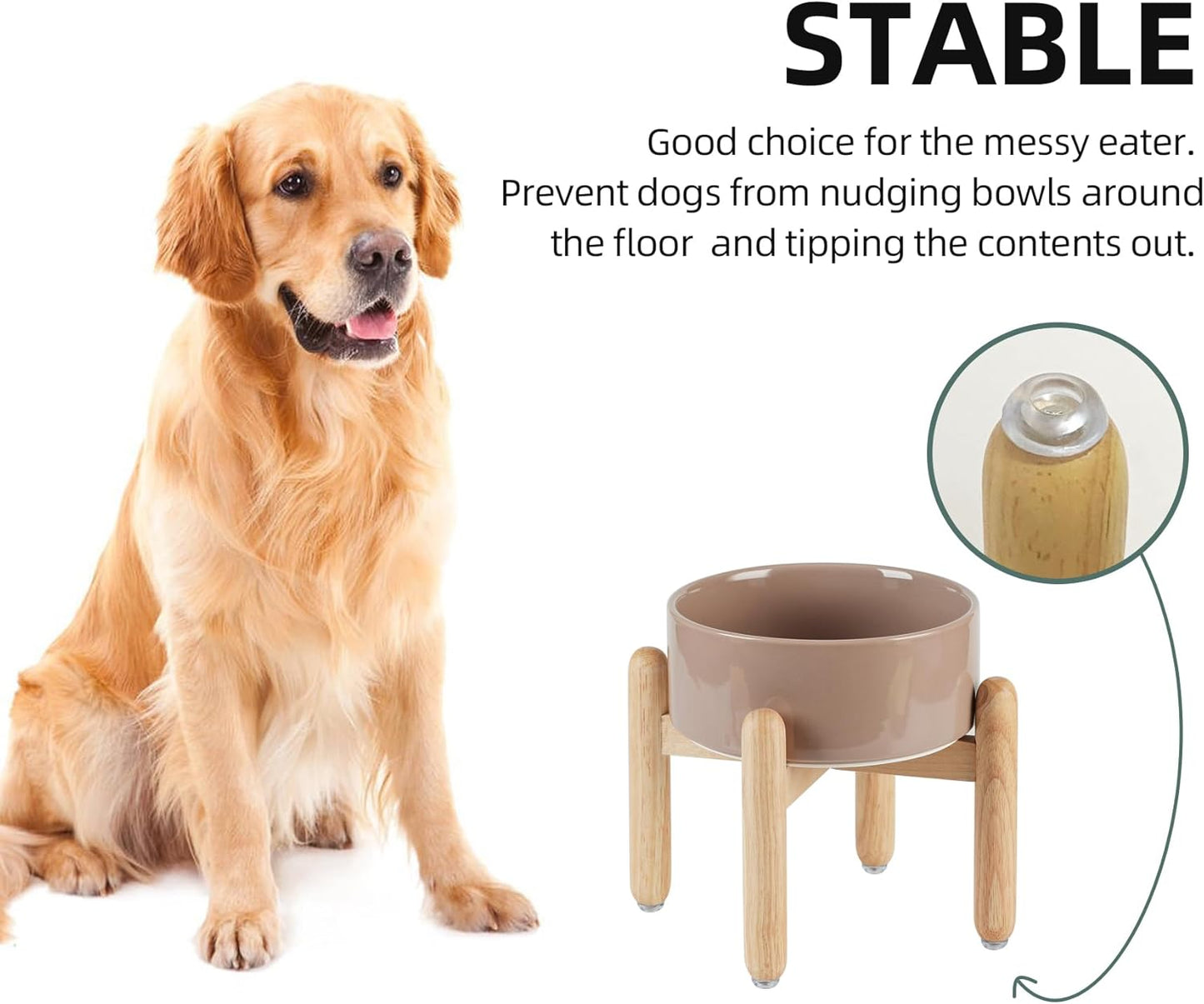 Ceramic 7.3inch Raised Dog Bowl Set, Elevated with Wooden Stand, Food and Water Bowl for Medium Breed Dogs, Weighted Dog Dishes, Pet Feeder(Brown Coffee) - Pet Explorer