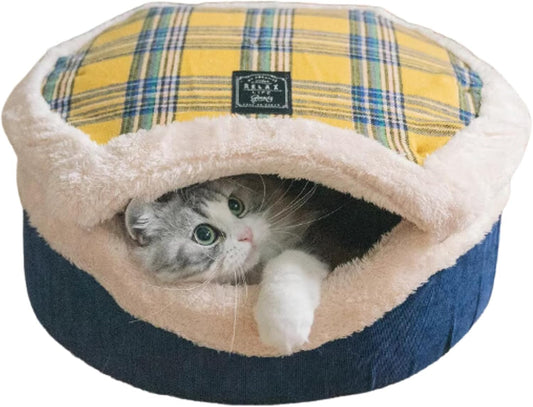 Cat Cave Bed – Plush, Warm & Calming Hideaway with Detachable Lid & Mat, Covered House for Indoor Kitten & Kitty (Yellow) - Pet Explorer
