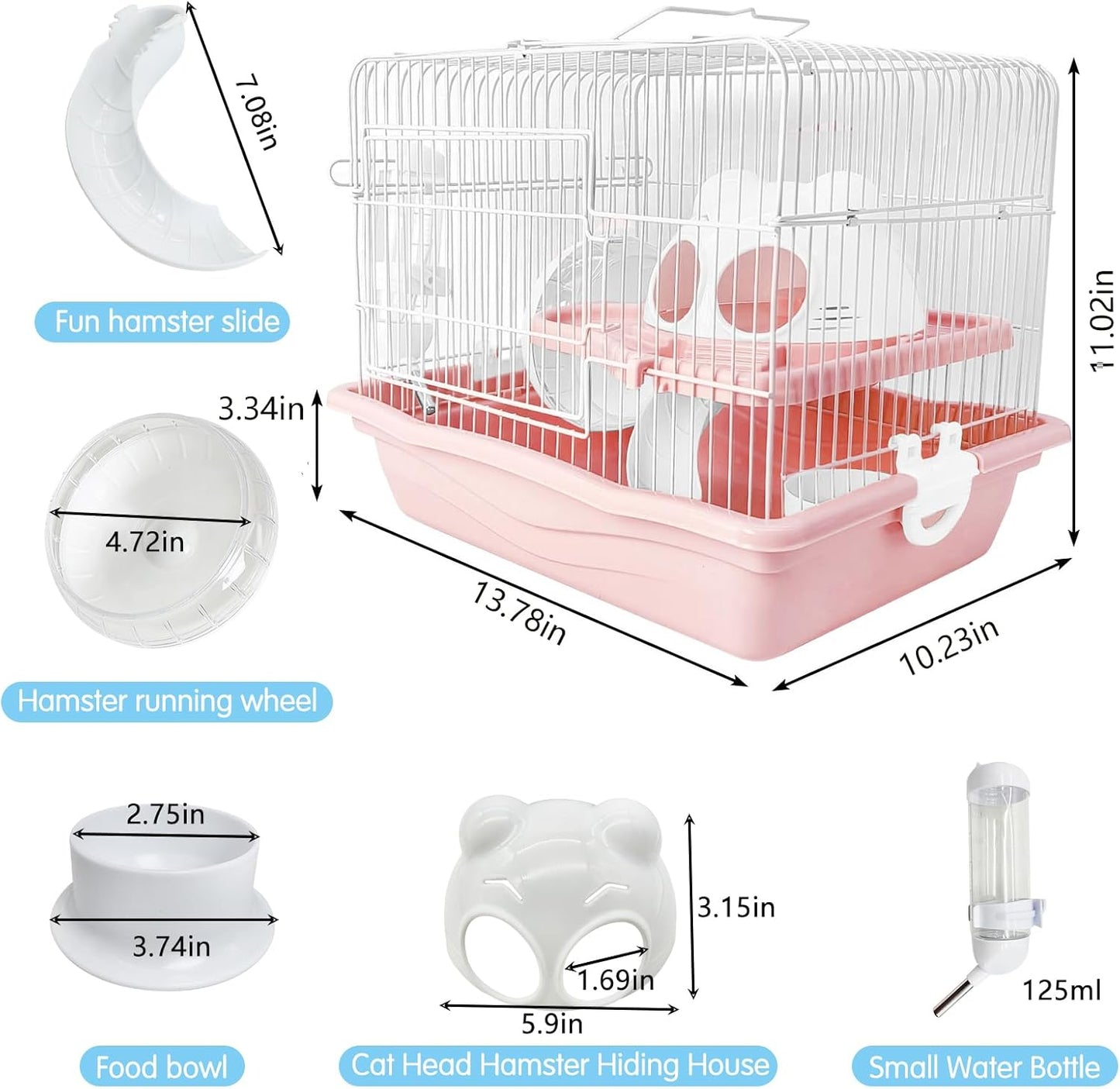 PINVNBY Dwarf Hamster Cage, Small Animal Cages, 2-Tier Travel Portable Mouse Cage Hamster Carrier with Castle House Running Exercise Wheels, Water Bottle and Food Dis（Pink） - Pet Explorer