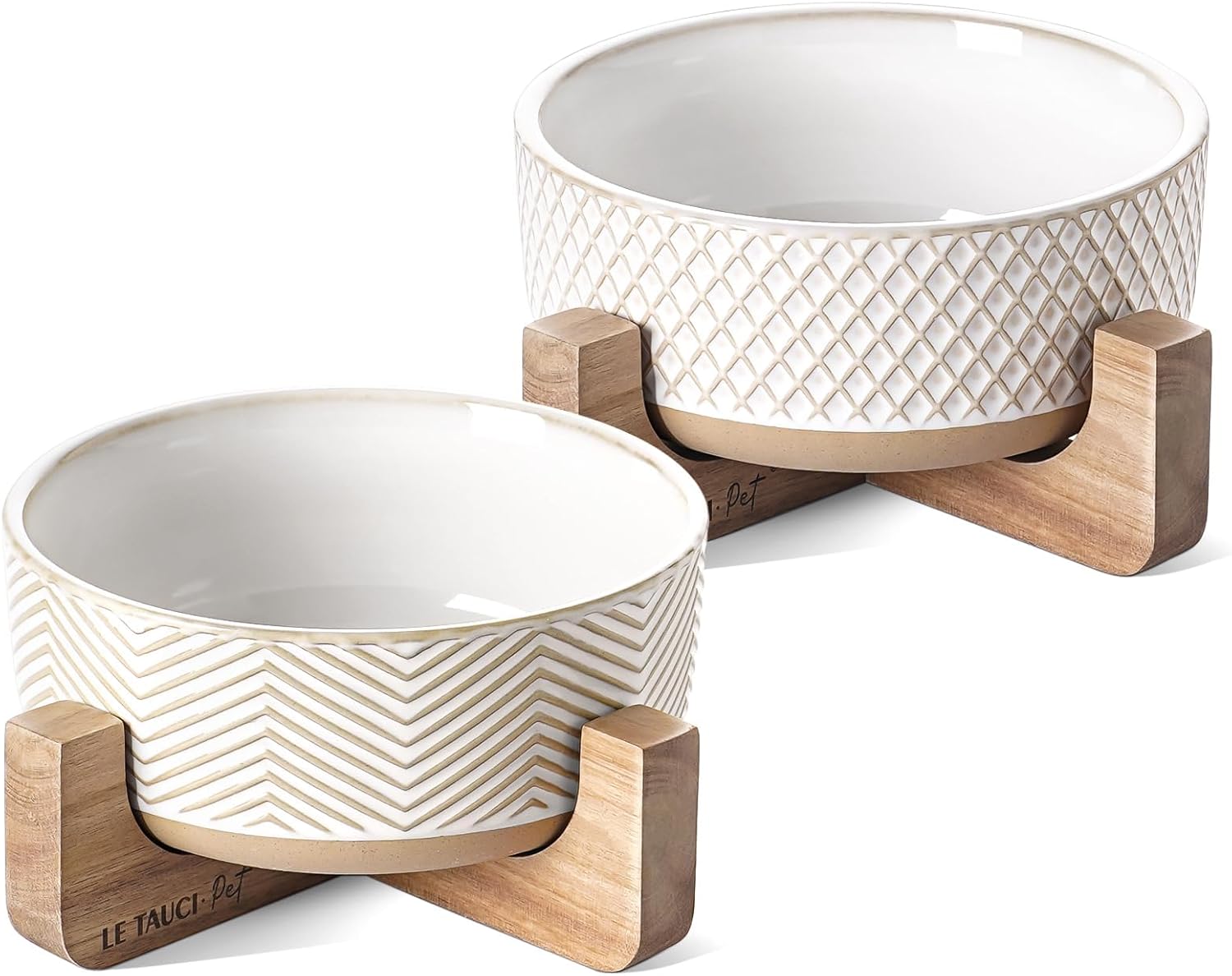 Ceramic Dog Bowl Set, 4 Cups Food and Water Bowl for Medium Small Dogs, Cute Pet Dishes with Wood Stand, Rhombus+Wave Design (Set of 2) - Pet Explorer