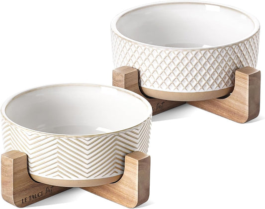 Ceramic Dog Bowl Set, 4 Cups Food and Water Bowl for Medium Small Dogs, Cute Pet Dishes with Wood Stand, Rhombus+Wave Design (Set of 2) - Pet Explorer
