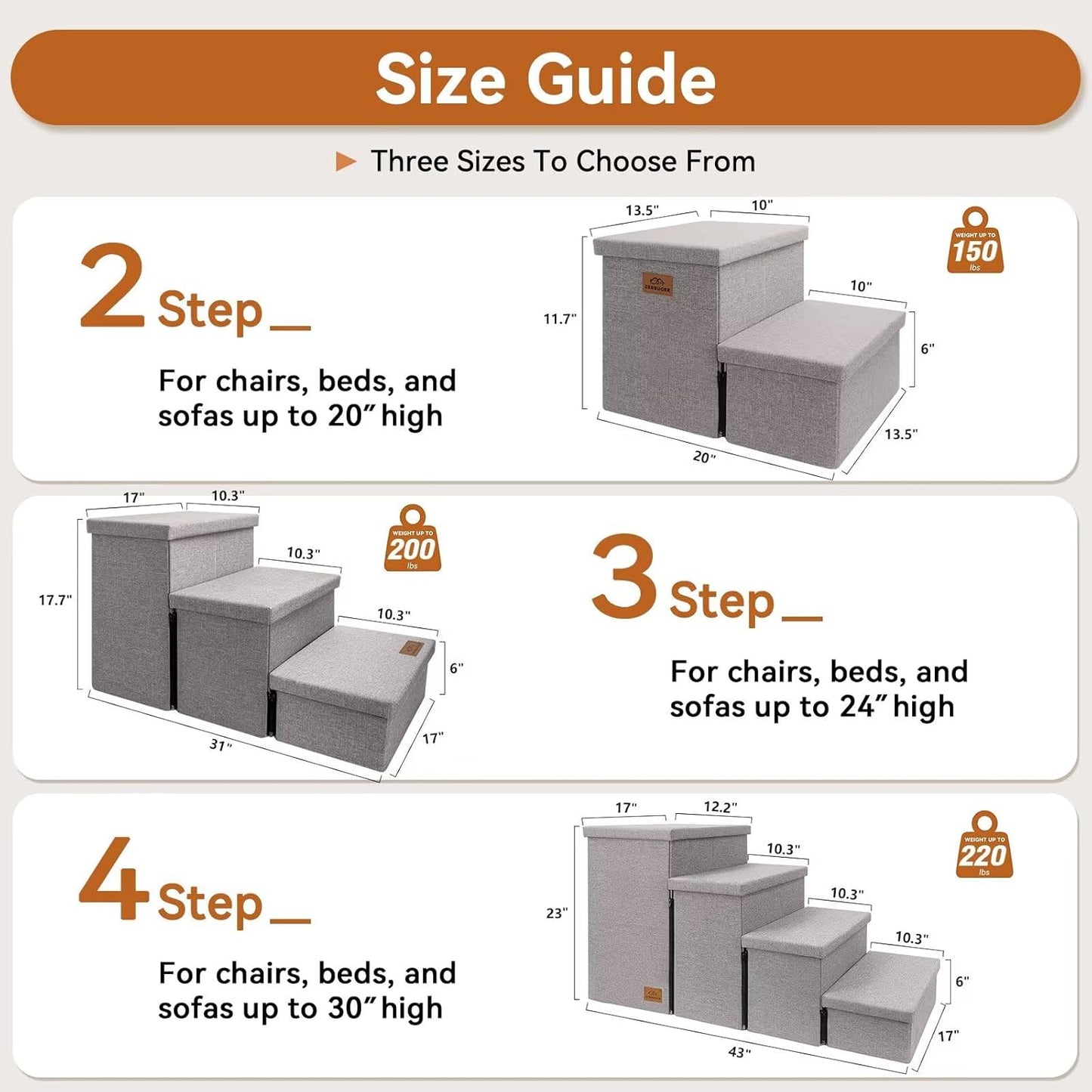 Dog Stairs with Storage 12" H, 2-Step Wider Dog Steps for Dogs Cats, Folding Sturdy Pet Stairs Climbing Sofa Couch, Ramp for Car Hold Up to 150 lbs (Gray, No Condo) - Pet Explorer