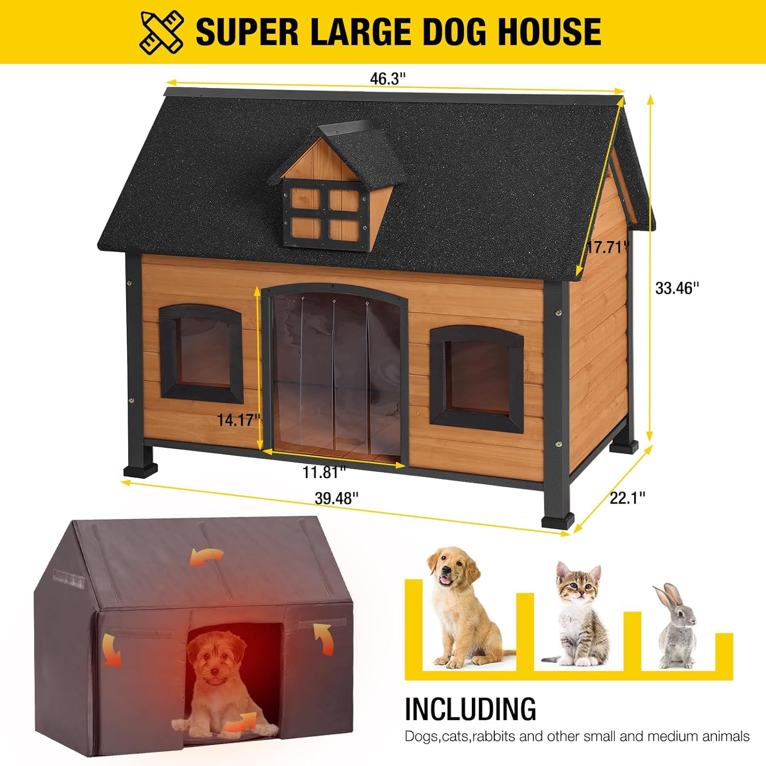 Aivituvin Dog House with Insulated Liner Anti-Chewing Metal Frame Design Insulated Wooden Dog Kennel with Unique Design Roof, Weatherproof Dog House for Outdoor Indoor - Pet Explorer