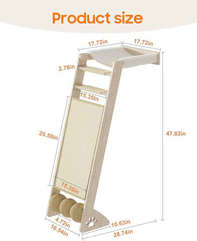 51'' Cat Window Perch with Sisal Pad, Extra-Wide Cat Scratcher with Suction Cups for Glass, Sisal Ball Hammock Ladder for Sleeping, Playing and Watching Bird