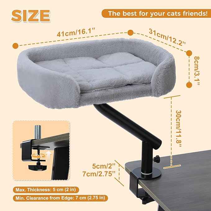 PAWZ Road Cat Desk Bed for Indoor Cats, Cat Bed for Desk Supports Up to 50 lbs, 360° Rotation & Adjustable, Nest Desktop Attachment Cats Hammock for Table, Gray