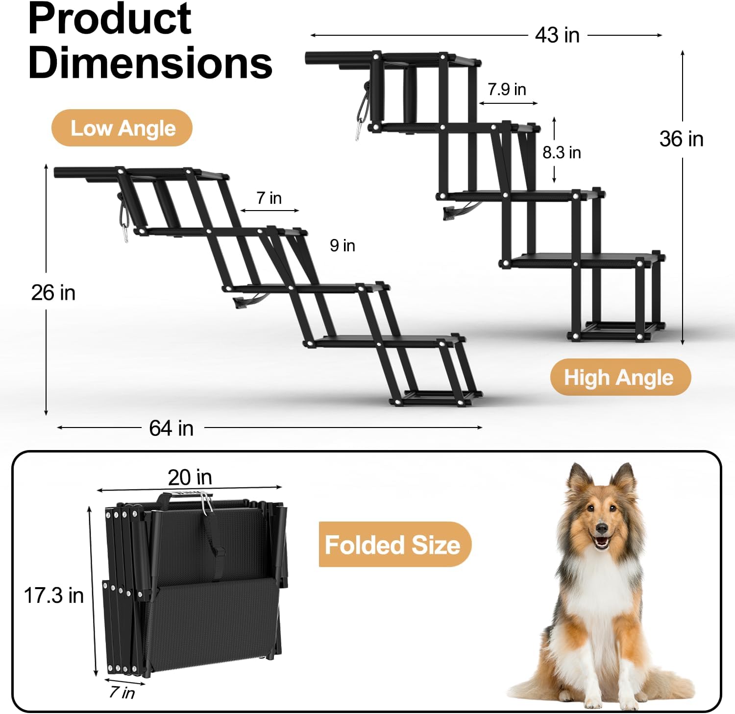 Extra Wide Dog Stairs for Large Dogs, Foldable Dog Ramp for Car with Non-Slip Surface, Lightweight Dog Stairs for Cars, Dog Steps for Cars, SUV, High Beds, Truck, Supports up to 250 lbs, 4 Steps - Pet Explorer