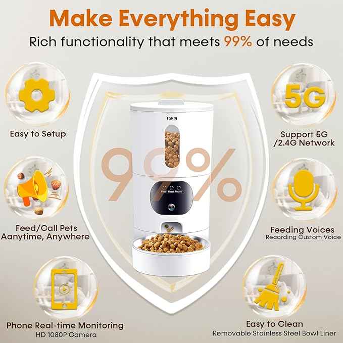 Automatic Cat Feeders Camera 5G: WiFi Easy to Clean Timed Smart Dog Food Dispenser 2-Way Audio Memory Function Pet Feeder HD 1080P Video Record APP Control Dry Food Clear Night Vision Yakry