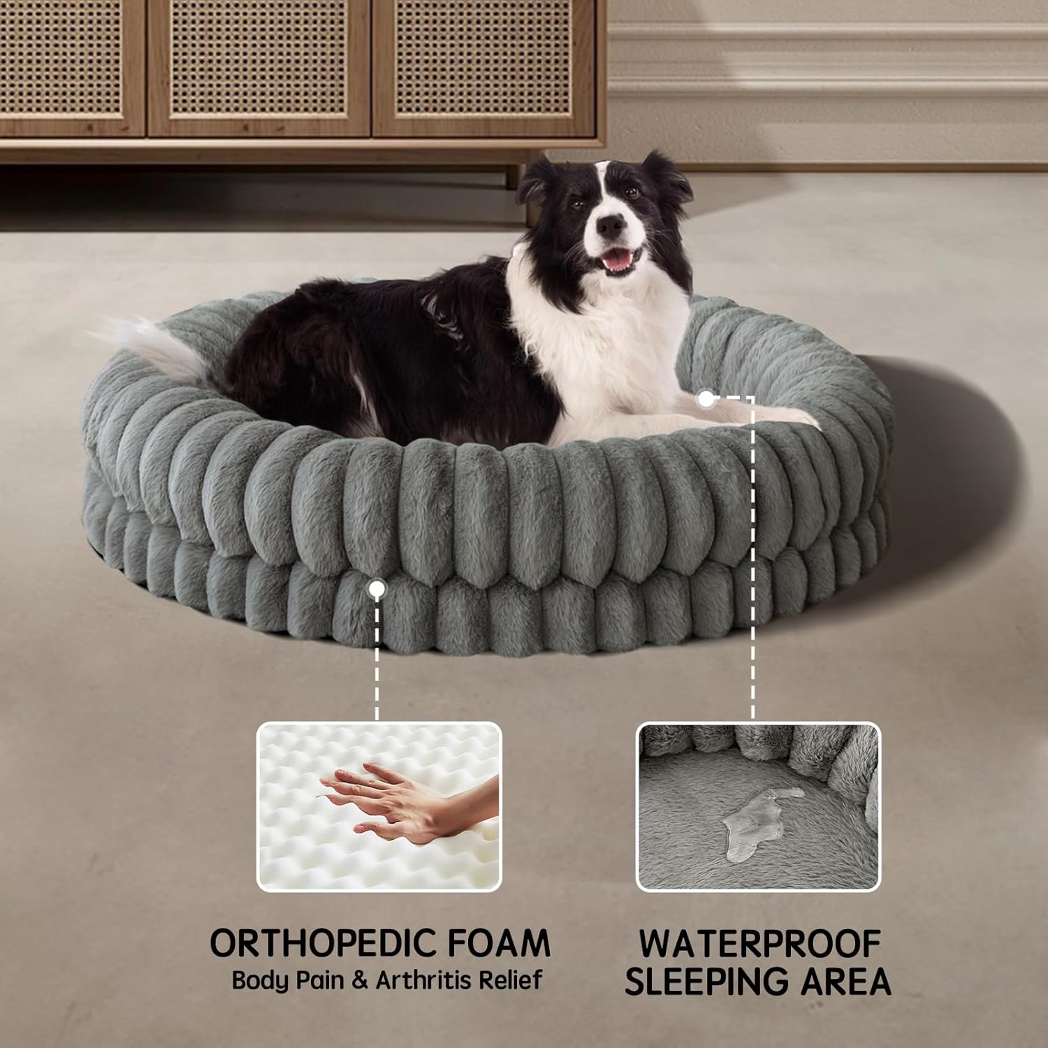 BALANCE Luxury Donut Dog Bed, 36 Inches Round Dog Beds Large Sized Dogs Washable, Orthopedic Calming Dogs Bed for Pets with Anti-Slip Bottom, Gray - Pet Explorer