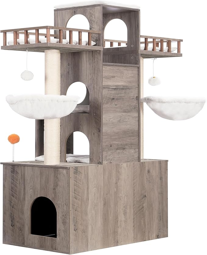 Heybly Cat Tree with Litter Box Enclosure for Indoor Big Cat, Cat Tower for Large Cats 20lbs Heavy Duty, Modern Cat Condo Furniture with Scratching Posts, Rustic Gray HCT110SG