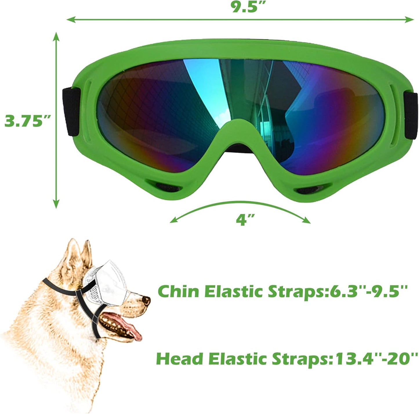 Large Dog Sunglasses With Adjustable Strap UV Protection, Windproof Puppy Eyewear, Suitable for Medium-Large Pets, Eyes Protection, Soft Goggles (Green Frame) - Pet Explorer