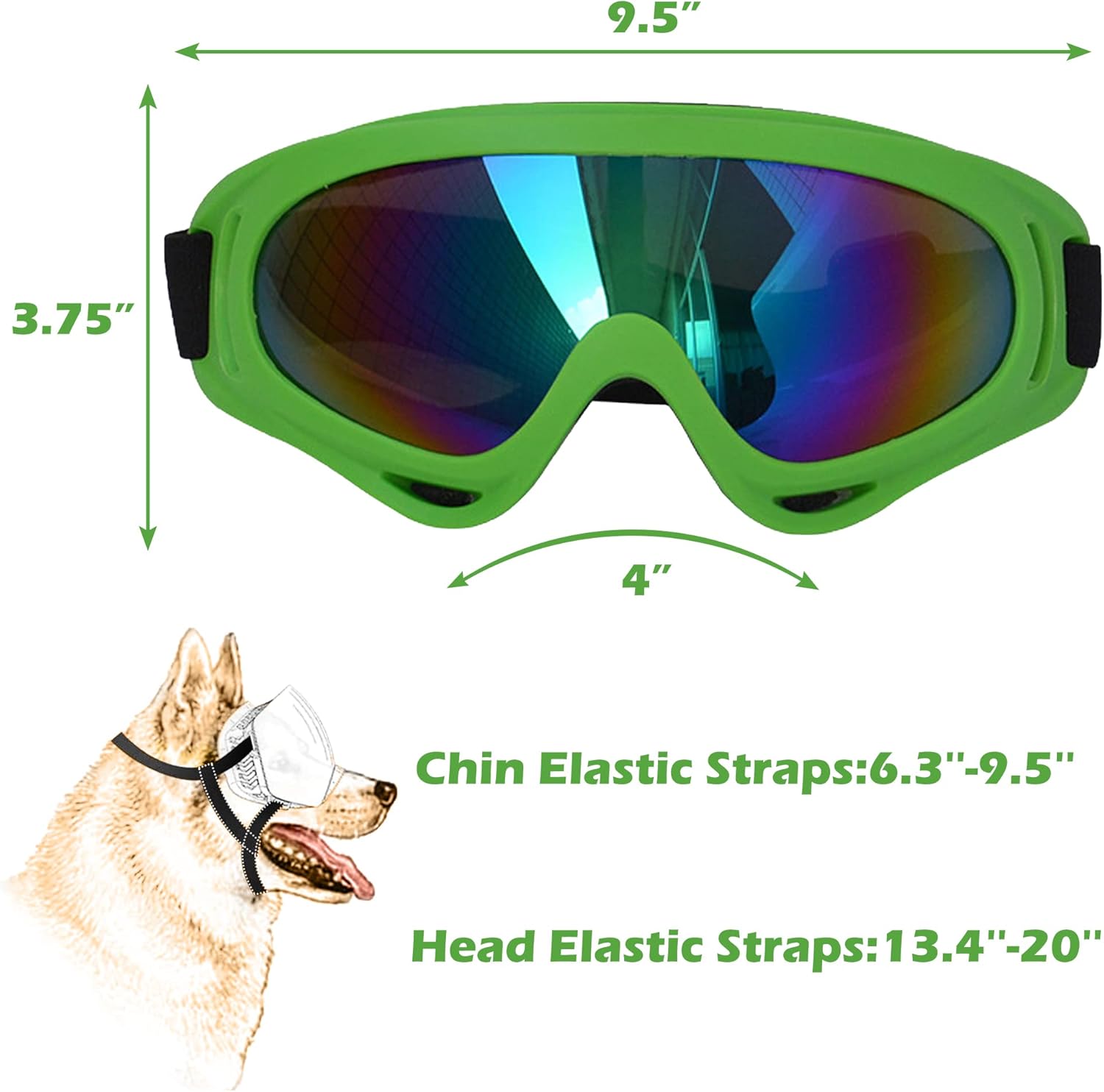 Large Dog Sunglasses With Adjustable Strap UV Protection, Windproof Puppy Eyewear, Suitable for Medium-Large Pets, Eyes Protection, Soft Goggles (Green Frame) - Pet Explorer