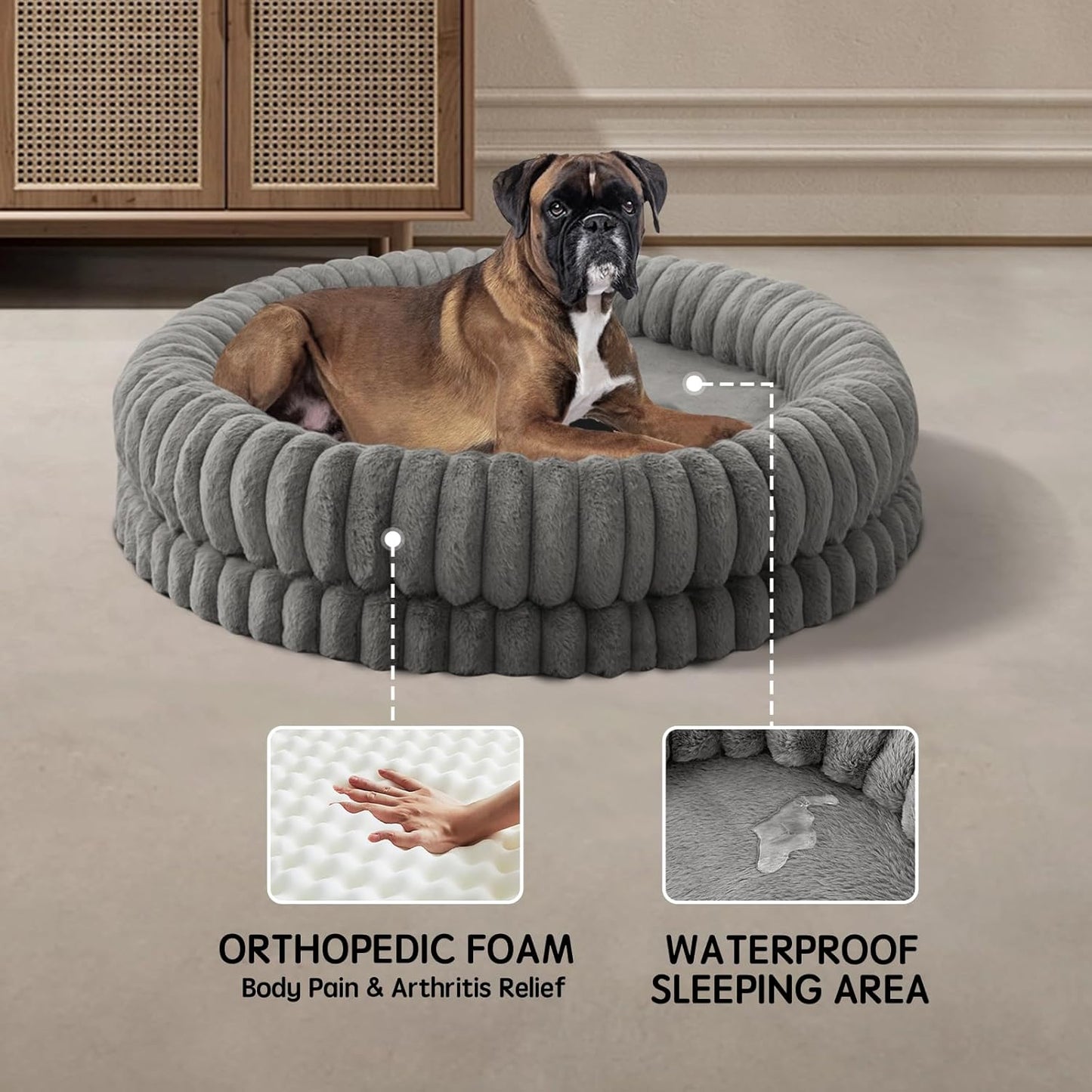 BALANCE Luxury Donut Dog Bed, 43 Inches Round Dog Beds Large Sized Dogs Washable, Orthopedic Calming Dogs Bed for Pets with Anti-Slip Bottom, Gray - Pet Explorer