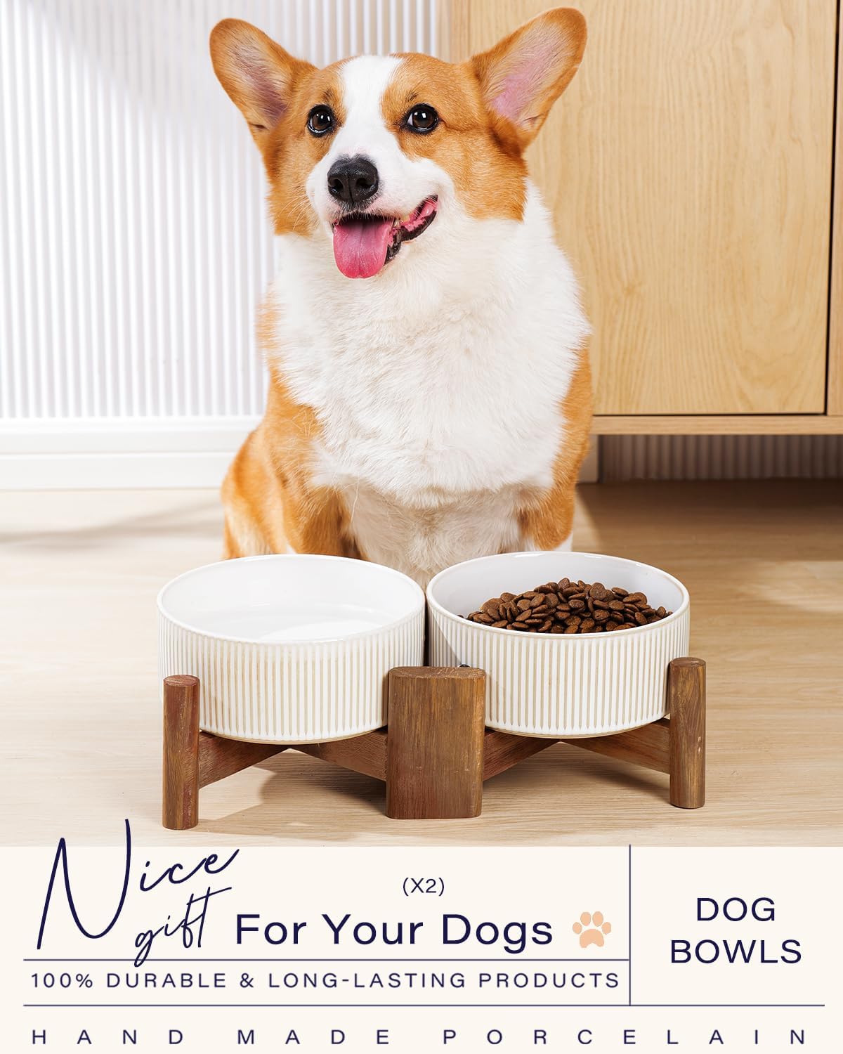 Getstar Ceramic Dog Bowls with Acacia Wood Stand, 30 fl oz, Set of 2, Dog Food Bowl, Cat Bowls (6.5 inches) (Vintage White) - Pet Explorer